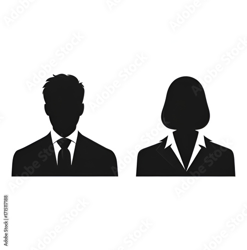 Black silhouette icons of a man and a woman in business attire, representing generic user profiles or professional figures.