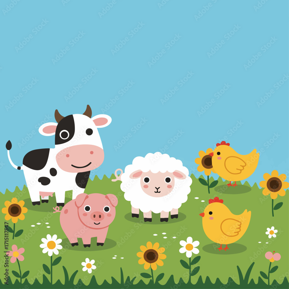 Fototapeta premium A charming illustration of farm animals including a cow, pig, sheep, and chickens in a field with sunflowers and daisies.