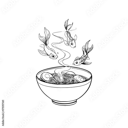 Illustration of a bowl of ramen with steam and three goldfish swimming above it in black and white style