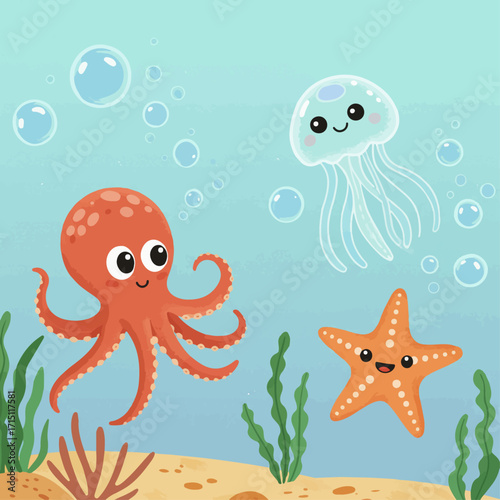 A cute cartoon illustration of an orange octopus, a white jellyfish, and an orange starfish swimming in the ocean with bubbles and seaweed.