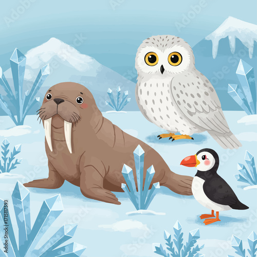 A charming illustration of arctic animals including a walrus, a snowy owl, and a puffin in a snowy landscape with ice crystals.