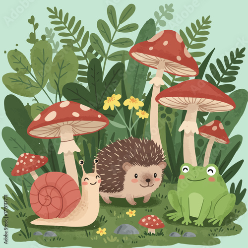 A charming illustration of a hedgehog, a snail, and a frog in a whimsical forest setting with mushrooms and lush greenery.
