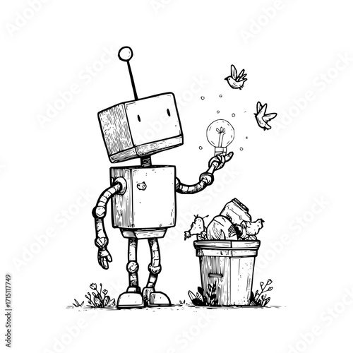 A robot holding a lightbulb with birds flying around a trash can in a black and white drawing style