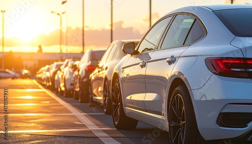 Fototapeta Naklejka Na Ścianę i Meble -  Golden Hour Parking Lot with Vehicles in a Row