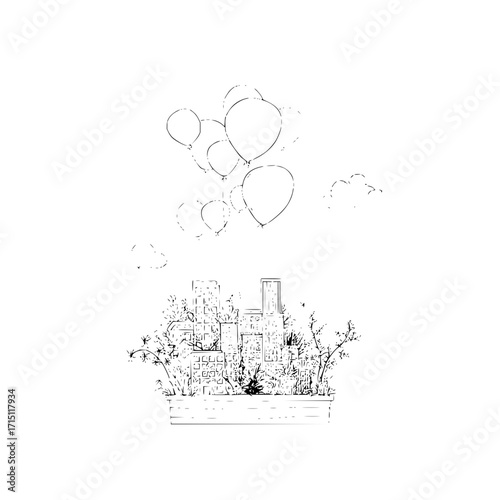 Cityscape sketch with buildings, vegetation, and balloons floating above against a white background