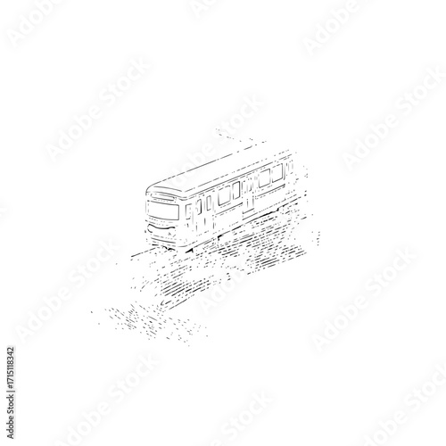 Illustration of a vintage tram or trolley car on tracks rendered in black and white line drawing style