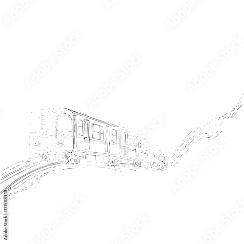 A stylized monochrome sketch of a train on a curved track with motion lines indicating speed and movement