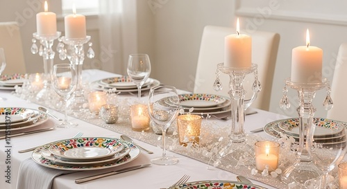 Elegant dinner table setting with candles and decorative plates for a special occasion in a bright dining room