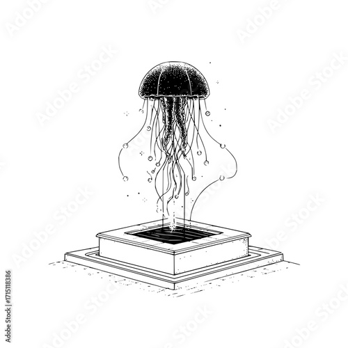 Illustration of a jellyfish ascending from a square well with bubble accents in black and white ink style