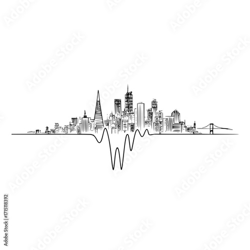 Cityscape silhouette with bridge and central waveform design in black and white minimalist style art