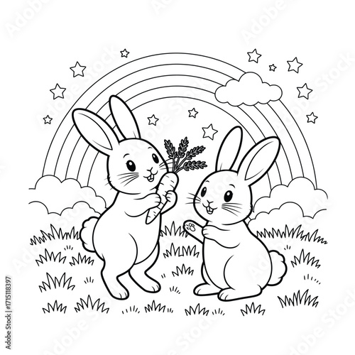 Happy Bunny Eating a Carrot in a Field Coloring Page
