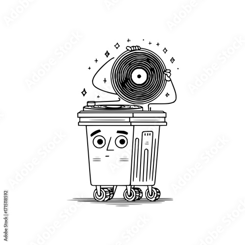 Cartoon trash can with a face playing a vinyl record on a turntable with sparkling decorations around it