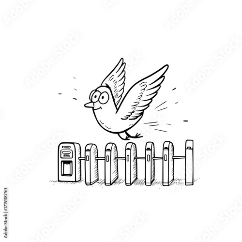 A cartoon bird with big eyes flying over a row of turnstiles and a ticket machine in black and white