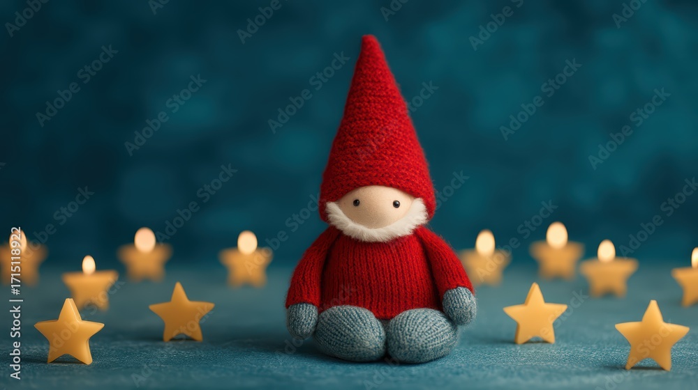 Obraz premium A whimsical gnome figurine in a red hat sits among glowing stars, creating a cozy and festive atmosphere.