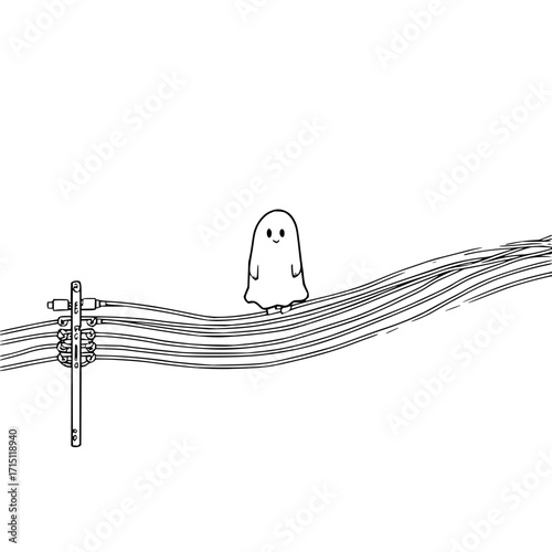 A cartoon ghost perched upon telephone wires near a pole in a black and white line drawing style image