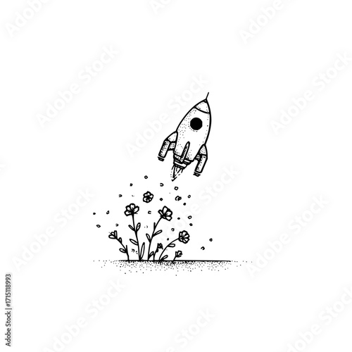 A whimsical drawing of a rocket launching from a flower patch in black and white artistic rendering
