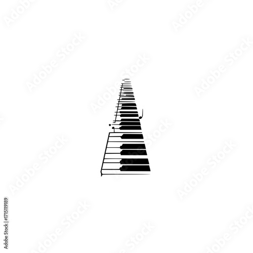 A graphic illustration of a piano keyboard with musical notes in black and white on a white background