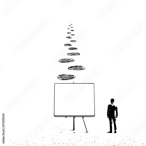 A man in a suit stands before a blank canvas with stepping stones leading into the distance ahead of him