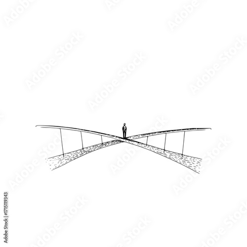 A solitary figure stands at the nexus of two intersecting bridges in a minimalist black and white drawing