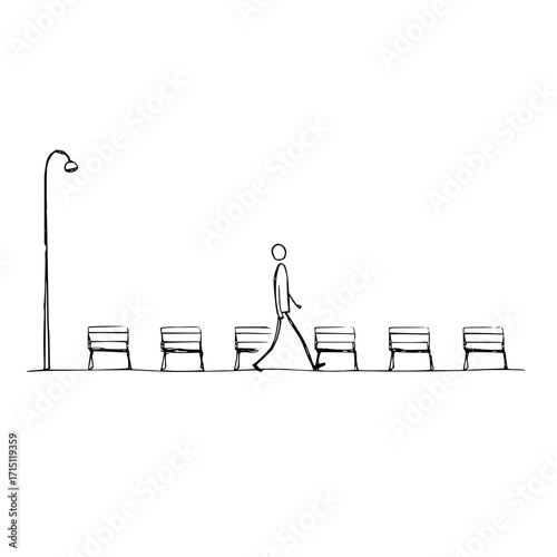 Stick figure walking past benches under a street lamp in a simple black and white line drawing sketch style