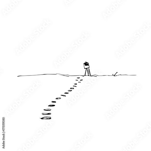 Illustration of a small lookout tower at the end of a trail of footprints on a white background scene