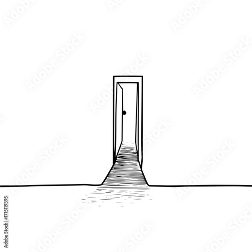 A minimalist drawing of an open doorway with a dark path leading to it on a white background space art