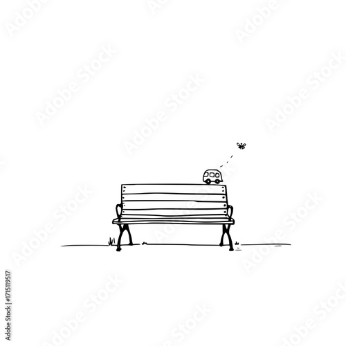A whimsical drawing of a bench with a toy car and a bee in a minimalist black and white style scene