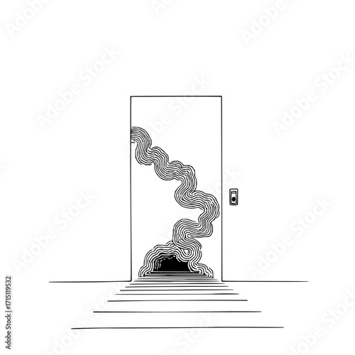 A surreal doorway with wavy lines leading into darkness and a button on the adjacent wall in monochrome