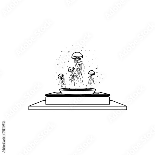 Stylized drawing of jellyfish rising from a bowl placed on two stacked rectangular platforms