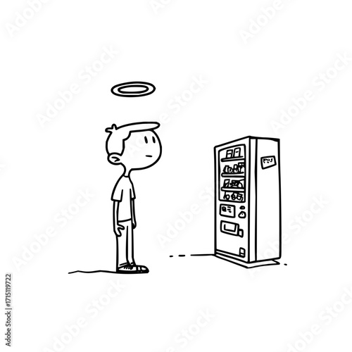 An angel is looking at a vending machine with a halo above his head in a black and white drawing