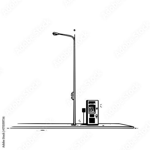 A black and white sketch of a street lamp and a parking meter on a flat surface in a minimalist style