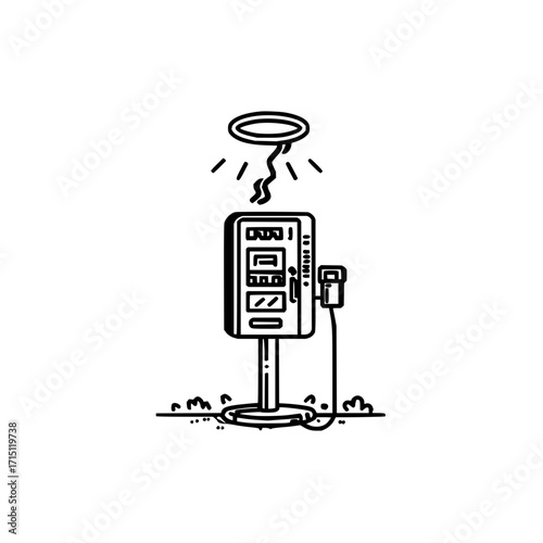A black and white drawing of a telephone booth with a halo above it and grass at the bottom edge