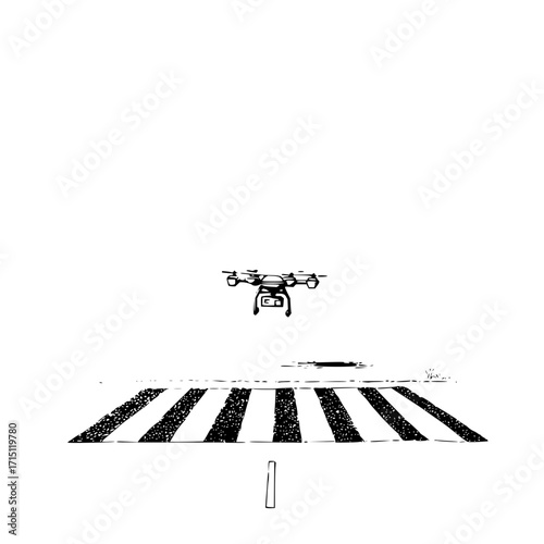 A drone hovering above a striped surface with a small vertical line in a minimalist black and white drawing