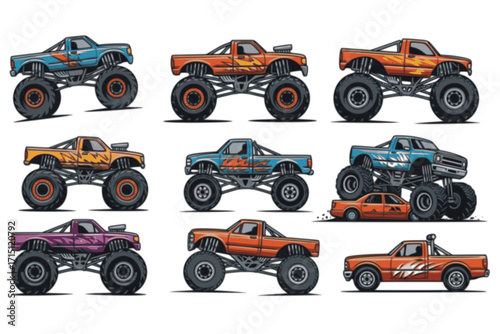 Monster truck vector set clipart design featuring bold, detailed monster trucks in various poses and angles. Perfect for motorsport themes, kids’ designs, event posters, stickers, and automotive 