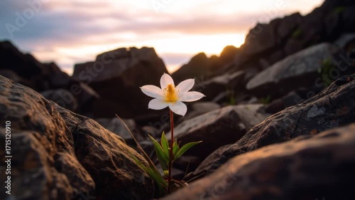 A single white flower blooms amidst dark rocks at sunrise