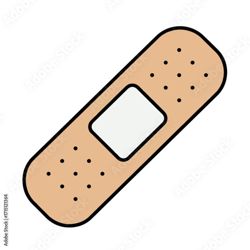 A simple, clean illustration of a tan adhesive bandage with a white absorbent pad, shown at an angle on a plain white background.