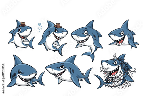 cute Shark vector set graphic clipart design featuring various shark species and dynamic poses. Ideal for ocean, marine life, wildlife projects, sports logos, and educational materials.