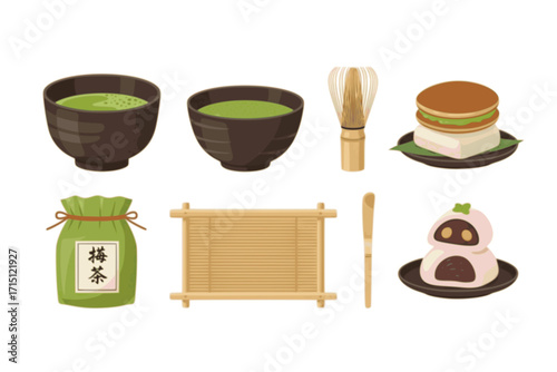 Matcha green tea vector set collection graphic design featuring matcha bowls, whisks, tea leaves, and cups in various styles. Perfect for tea packaging, café menus, wellness branding, and Japanese 