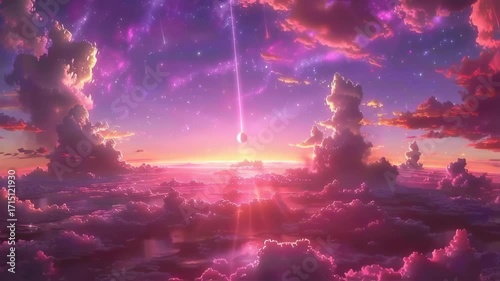 Epic Anime-Style Meteor Shower Over a Sea of Glowing Pink and Purple Clouds