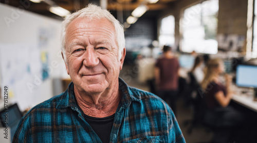 Senior man wearing plaid shirt smiling in modern office environment with colleagues working at computers in the background and natural light coming through large windows.