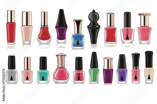 Nail polish vector set collection clipart design featuring various bottles, brushes, and colorful polish styles. Perfect for beauty, cosmetics branding, salon materials, packaging, and fashion-related