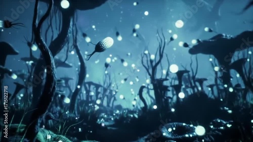 Mysterious Underwater Exploration, Glow-in-the-Dark Creatures, Fantastical Forest, Digital Art, Ethereal Environment