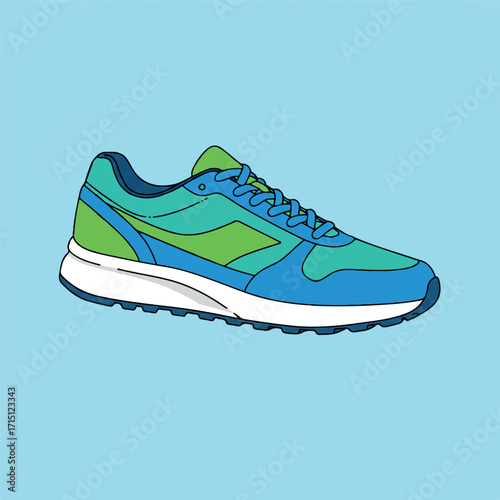 Colorful illustration of a pair of running shoes, featuring a vibrant teal and lime green color scheme.