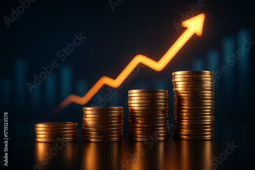 Stacked Gold Coins with Upward Arrow, Financial Growth Concept