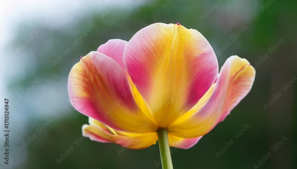 Fototapeta premium A Magnificent Tulip With Vibrant Pink And Yellow Petals Transitioning Smoothly From Yellow To Pink
