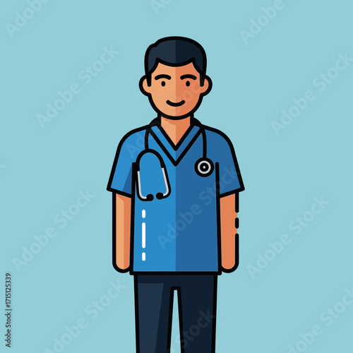 Illustration of a Male Doctor Wearing Scrubs and Stethoscope.