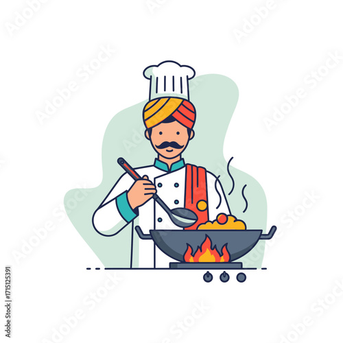 Indian Chef Cooking Delicious Food in a Wok.