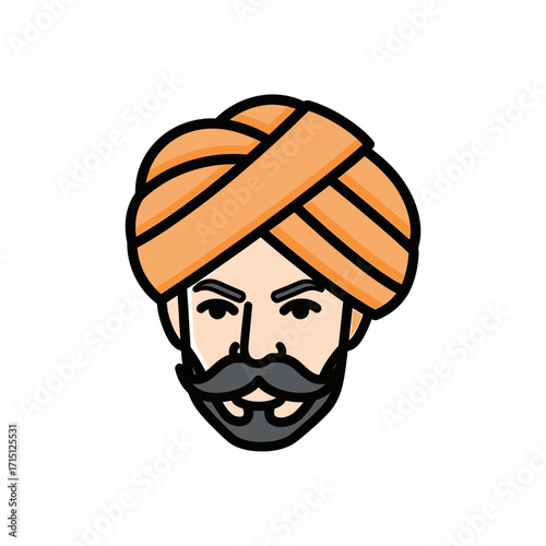 Indian man with turban and mustache looking forward with focus.