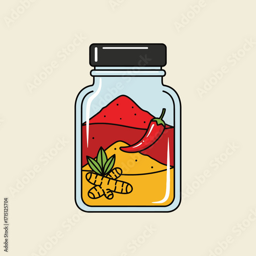 Jar of Spices with Chili Pepper and Turmeric Illustration.
