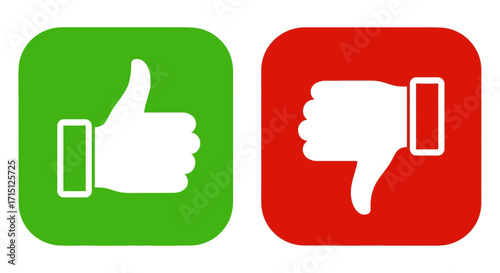 Green thumbs-up and red thumbs-down icons for digital feedback, approval, or disapproval. These graphic symbols are essential for user interaction and content rating systems